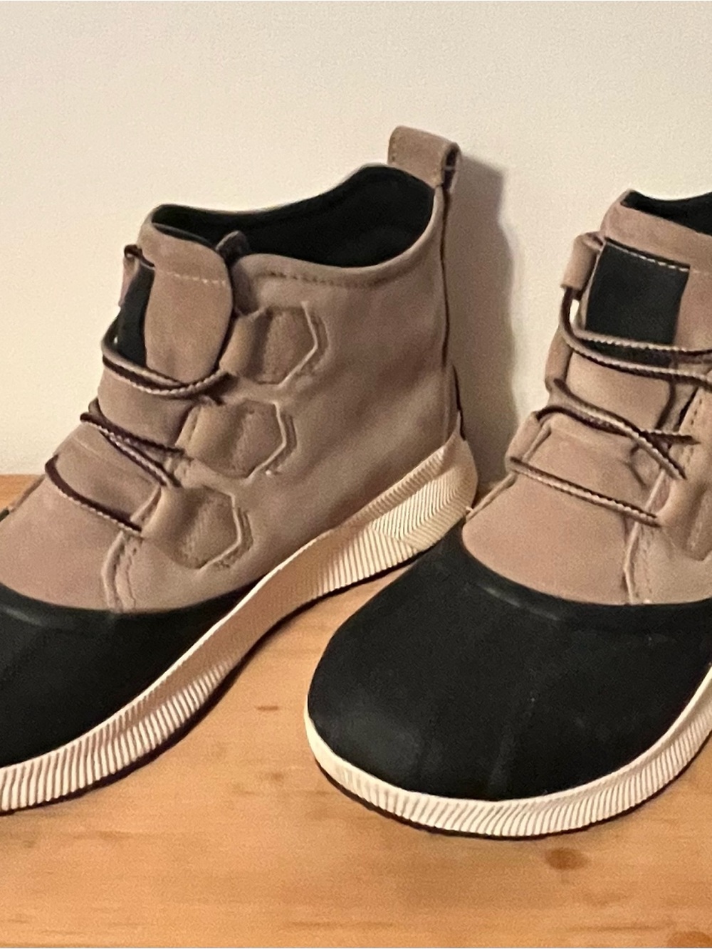 Sorel Taupe and Black Short Waterproof Duck Boots